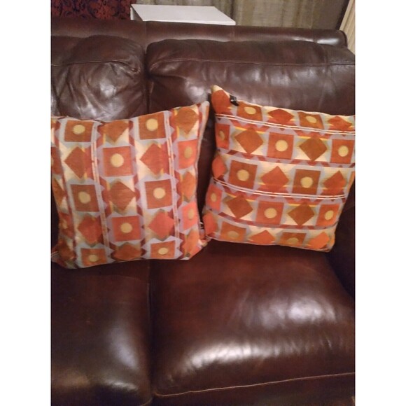 Retro Geometric Decorative Throw Pillows Set of 2 Orange Yellow Square Cushions - Picture 3 of 4